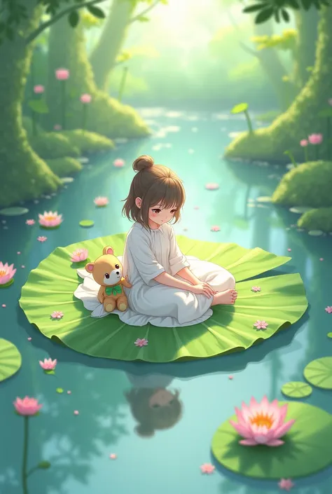 There is a girl sitting on a leaf, (white clothes), fresh color scheme, there is a plush toy, Guvez style artwork, popular on cgstation, illustrated by Li Song, soft anime, lying on a water lily mat, sitting on a lotus flower, cute and meticulous digital a...