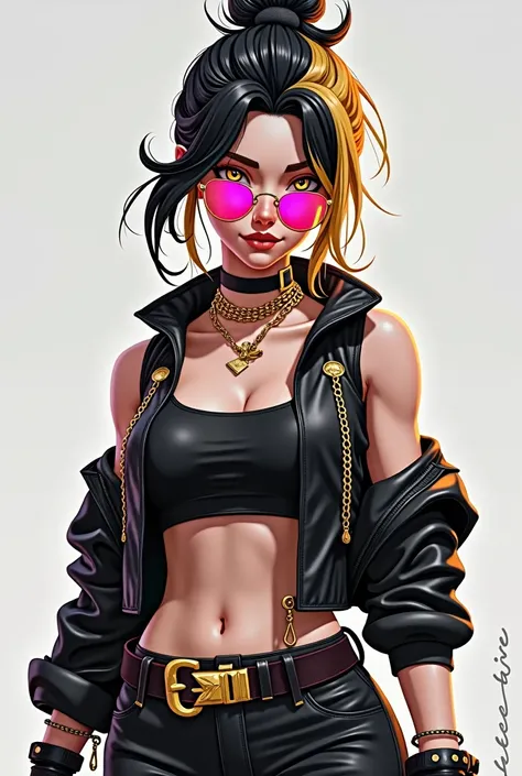 Free Fire game style female character, with black and gold hair half tied up and half loose on top of her head, wearing a black crop top, and a black vest with chains without sleeves open in the front with a tie, Black Skirt,wearing pink sunglasses