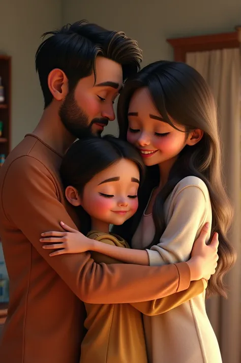 Riley and her dad and mom hugging each other intensely from the movie