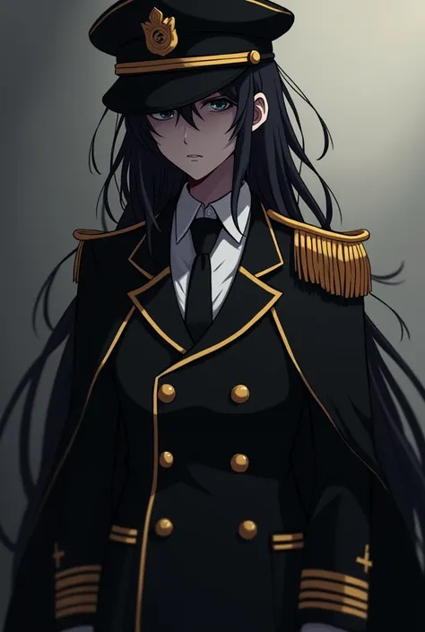 depressed teen captain anime with a black and gold Black Captain Jacket with a white shirt inside and a black tie and gold captain hat the face is covered with shadow and the Black gold Captains Cloak hanging on the back


