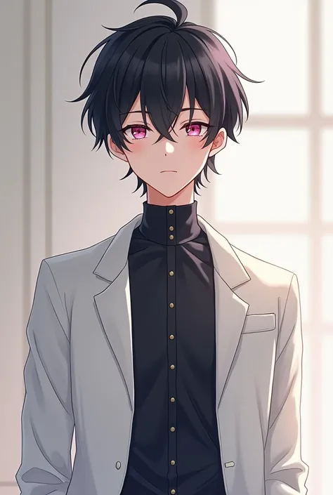 Create a Young Male, dark haired and pink eyed, with a calm and beautiful expression. He is wearing a white jacket with a dark shirt. Make it in 2D anime style drawing