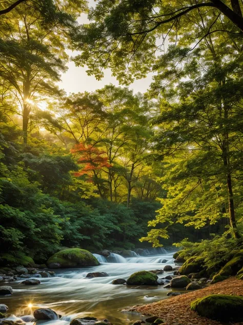 A stunning, professionally captured scene of a tranquil natural landscape: a quaint wooden cabin sits peacefully beside a crystal-clear, gently flowing stream, enveloped by a lush, verdant forest. Golden sunlight streams through the canopy, casting warm, d...