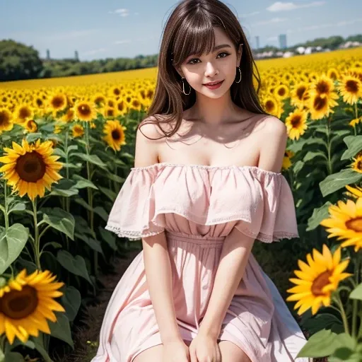 laughing out loud，(knee shot) ，In a field of sunflower flowers，Wearing a gauze skirt dress，fluffy skirt, elegant，Fresh and unearthly，off shoulder dress，Pink dress，Elegant，1 female, On the face, light brown hair, blunt bangs, hair behind ears, Shoulder-leng...