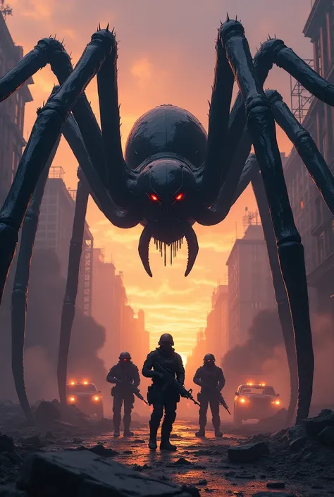 In a desolate city square at dusk, a massive black spider with a glossy body and spiky long legs stands ominously amid the ruins. Its glowing red eyes pierce through the darkness, emanating a sense of terror and majesty. Surrounding the spider is a counter...