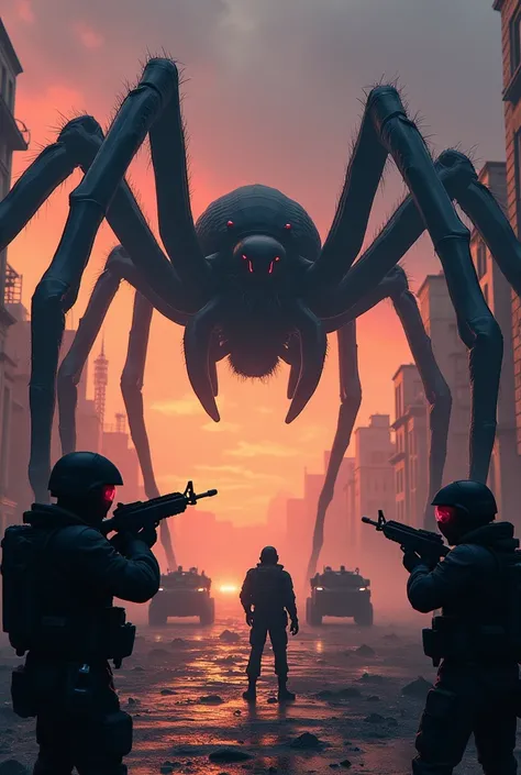 In a desolate city square at dusk, a massive black spider with a glossy body and spiky long legs stands ominously amid the ruins. Its glowing red eyes pierce through the darkness, emanating a sense of terror and majesty. Surrounding the spider is a counter...