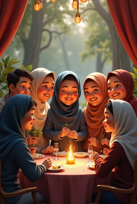 ((3 man sitting), (3 hijabbed woman)), caricaturized, fantasy art, happy expression, extreme detail, masterpiece, cinematic lighting, 4k, indoor background