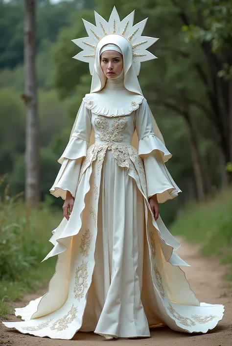 Fantasy costume made with paper and cardboard, for flower girl White Nun of Guatemala