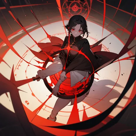 Spell, chaos symbol, complex magic circle, red and black grandient background