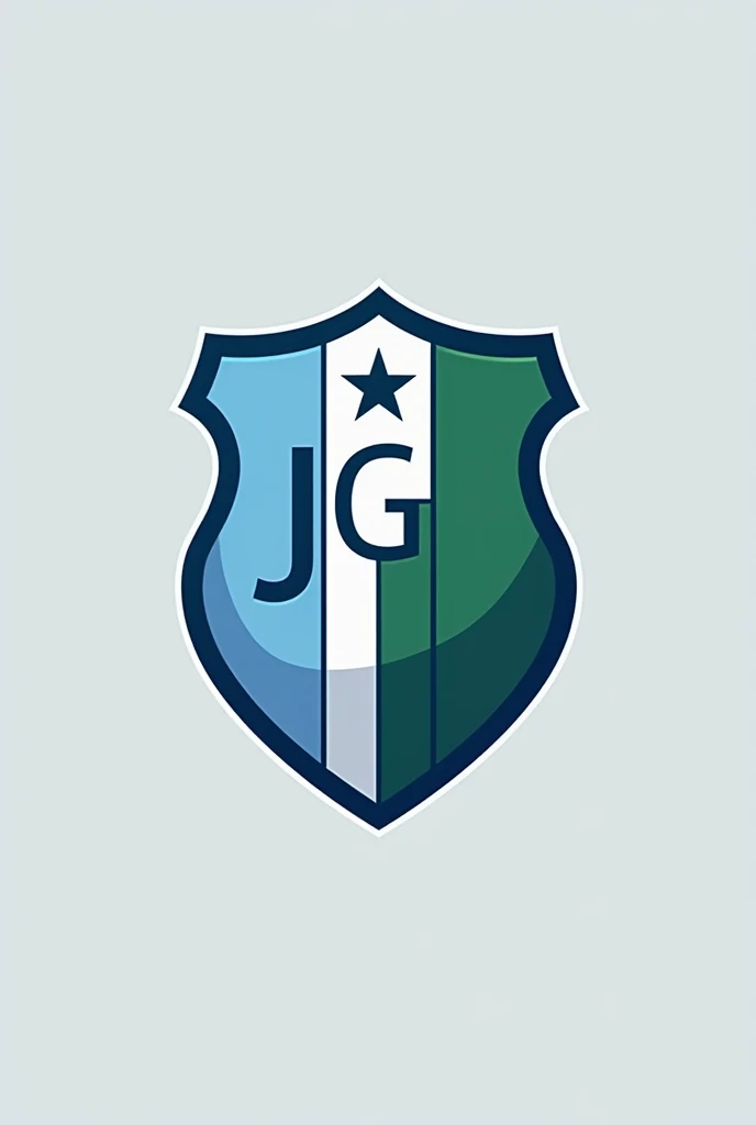 Can you create a football shield for me with 3 stripes inside it that are light blue, white and green that has the initials JG and has a star above it? 