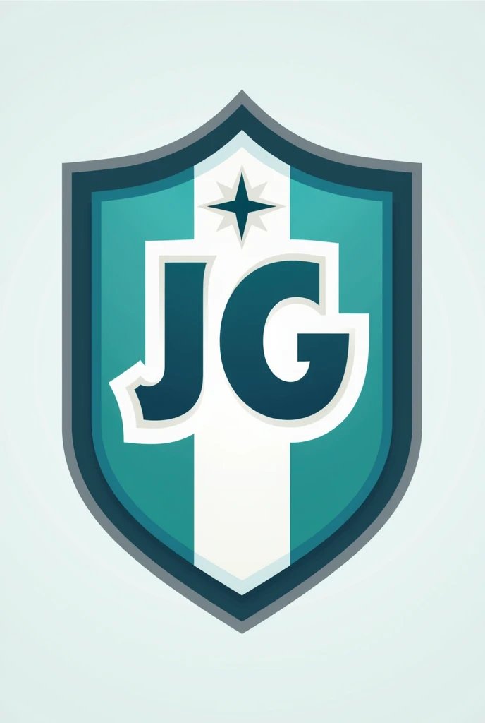 Can you create a football shield for me with 3 stripes inside it that are light blue, white and green that has the initials JG and has a star above it? 