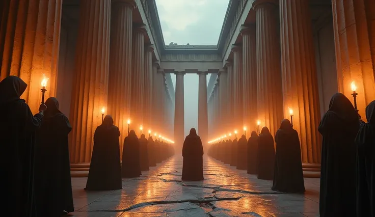 8k、(number々の賞を受賞したmasterpiece、Incredible detail、Texture、Maximum details), (summoning magic),(Parthenon temple (Parthenon) - Greece) arafed image of a group of people in a church with candles,lit candle, dark cinematic concept art, elegant cinematic fantasy...