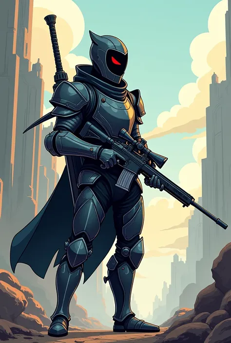 A cartooned black and silver knight with a double sword on the back while holding a sniper 