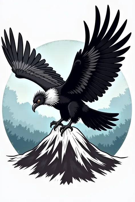 Create an Andean condor logo with a shaved head and a black crest flying over a snowy volcano to print on a t-shirt
