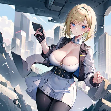 blonde short hair，Large Breasts，White vest，pantyhose，Denim skirt，ruined city