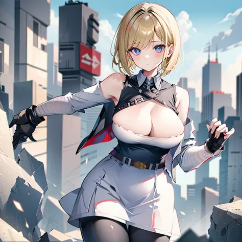 blonde short hair，Large Breasts，White vest，pantyhose，Denim skirt，ruined city