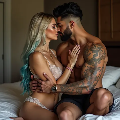 High resolution, multiple views, vivid, hd, zoomed out, a gorgeous, Caucasian woman, long blonde hair with blue hair ends, beautiful makeup and contour, tattoos, “Eli” tattoo on collarbone, big breasts, seductively kissing on a bed, wearing lace lingere, p...