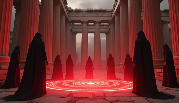 8k、(number々の賞を受賞したmasterpiece、Incredible detail、Texture、Maximum details), (summoning magic),(Parthenon temple (Parthenon) - Greece), (red glowing magic circle)arafed image of a group of people in a church with candles,lit candle, dark cinematic concept art...