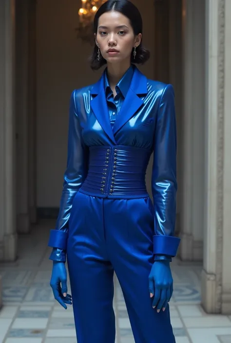 Generate a look from a blue suit, with a blue waist corset, a pair of blue straight-cut pants, a long-sleeved shirt under the transparent blue suit and a glove made of the same material as the shirt.