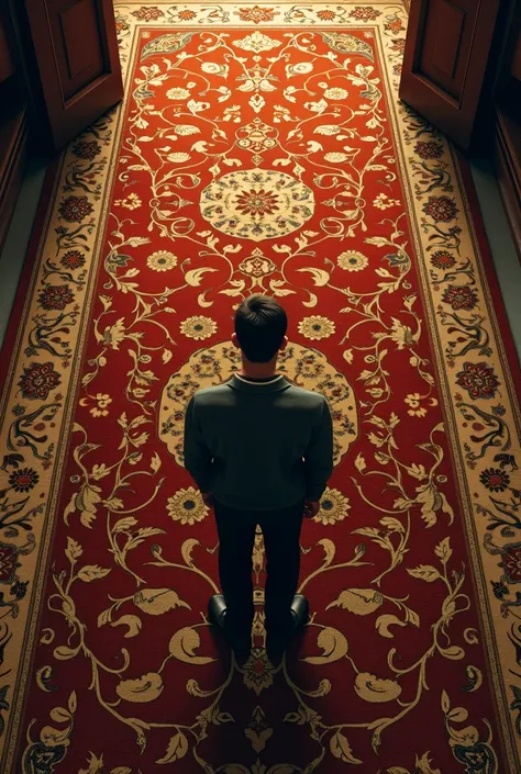 A person looking at his feet on a carpet from above