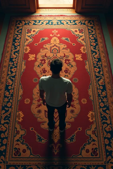 A person looking at his feet on a carpet from above