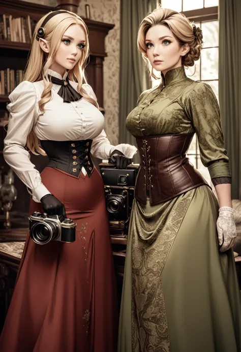 Sophisticated elf woman, steampunk, dress , in a country manor, muted colors, sephia filter, mature, well endowed bust, Victorian era, detailed eyes, well bred, refined lady in waiting, bare headed, long blond hair, emerald green eyes , long skirt, blouse,...