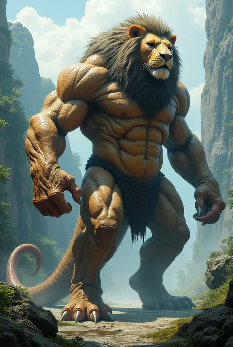 "Design a monstrous, muscle-bound lion-serpent hybrid with lifelike, rugged skin, seamlessly blending fur and scales, set against a breathtaking, natural backdrop."