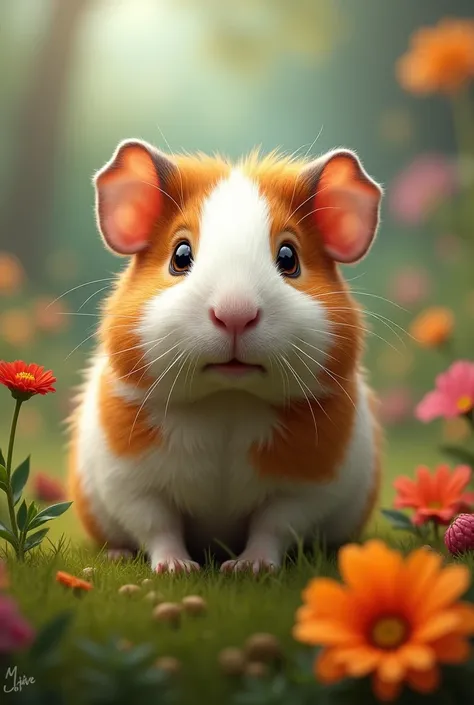 create a photo of a guinea pig with a nice background,  that the image is 20 x 30 and looks hyperrealistic and that the background is not blurred
