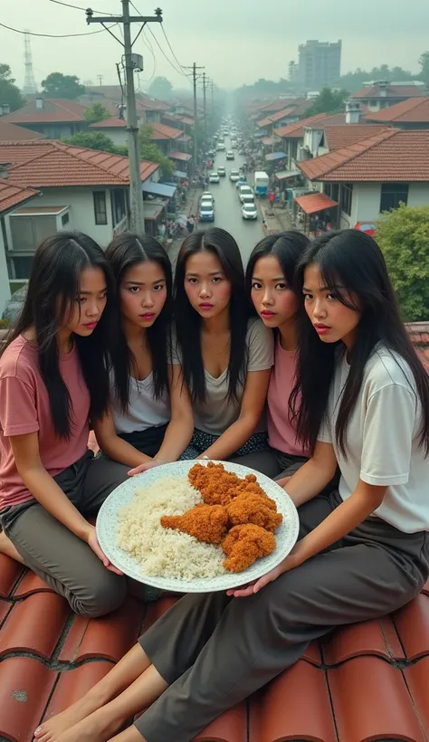 5 beautiful Indonesian women, white skin, long wavy hair, big nose, wearing a t-shirt, long trousers, wearing pink sneakers, angry face, sitting on the roof tiles of the house, while eating a large plate of rice and fried chicken, crowded with vehicles, mi...