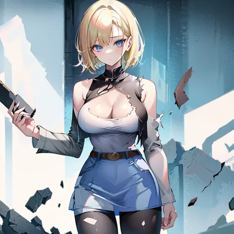 blonde short hair，Large Breasts，White vest，pantyhose，Denim skirt，ruined city，Damaged clothes and pants