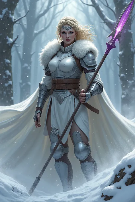 ((upper torso, armored female barbarian savage, battle worn white lacquered gloss armor:1.6, fur, white cloak, ((((supermodel, triangularface, pointed chin)), short curly [bright blonde hair:tan hair:0.7], black lips))), iceblue eyes, blackout eyeshadow, i...