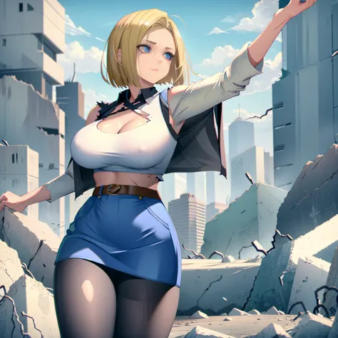 blonde short hair，Large Breasts，White vest，pantyhose，Denim skirt，ruined city，Damaged clothes and pants