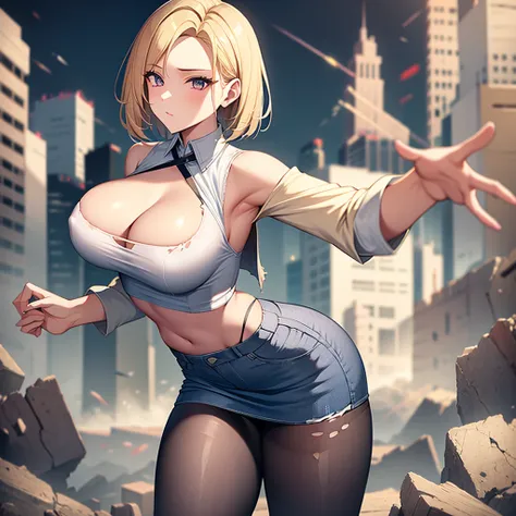 blonde short hair，Large Breasts，White vest，pantyhose，Denim skirt，ruined city，Damaged clothes and pants