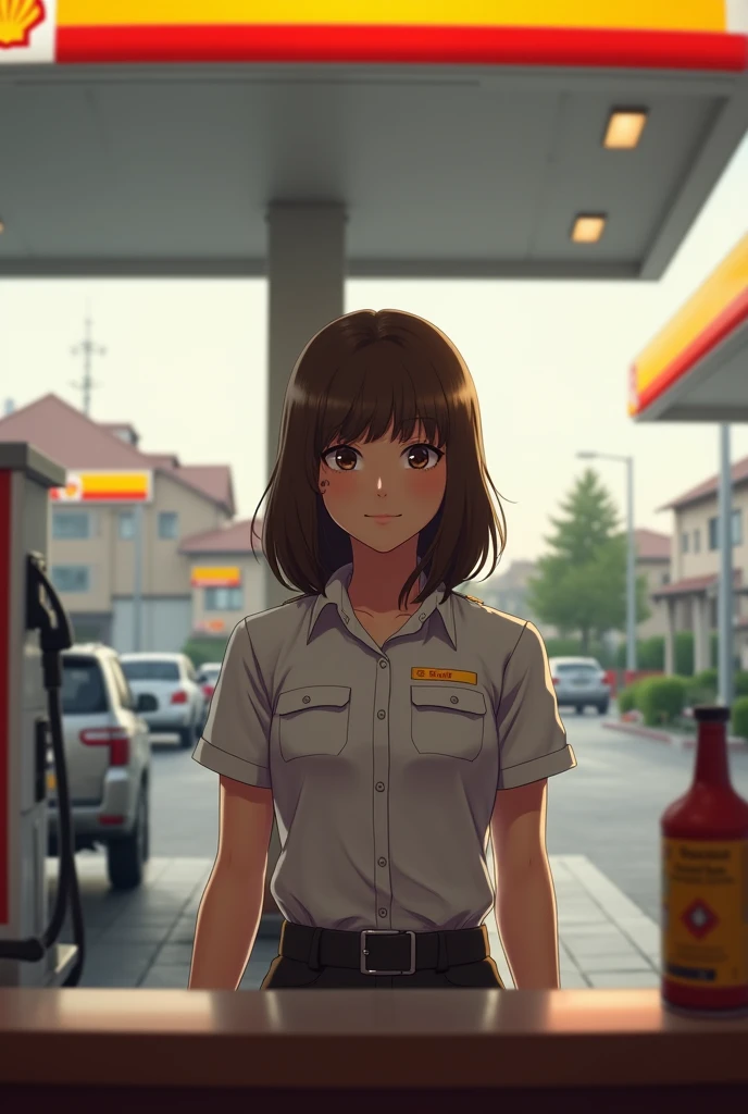 Brunette attendant with straight hair at the Shell gas station 