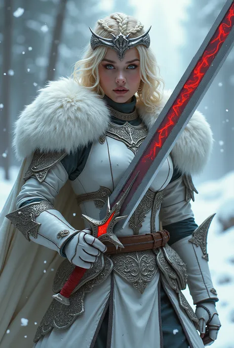 ((upper torso, armored female barbarian savage, battle worn white lacquered gloss armor:1.6, fur, white cloak, ((((supermodel, triangularface, pointed chin)), short curly [bright blonde hair:tan hair:0.7], black lips))), iceblue eyes, blackout eyeshadow, i...