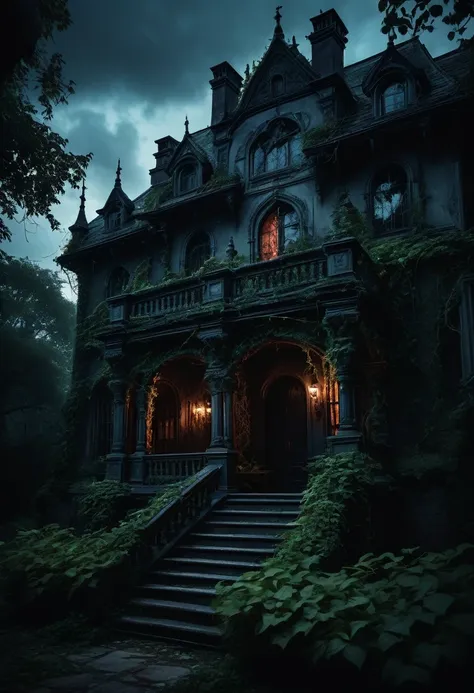 a dark manor with twisted architecture, haunted by demonic entities, overgrown with sinister vines, moody lighting, gothic detai...