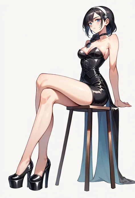 ((ultra detailed, masterpiece, best quality)) FF8Rinoa, 1girl, solo, single braid, blue eyes, black hair, white hairband, black choker, medium Breasts hanging, black corset strapless sexy, white sexy miniskirt, sexy long legs, black platform high heels wed...