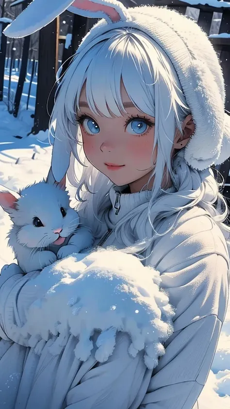 cute bunny, white, snow,