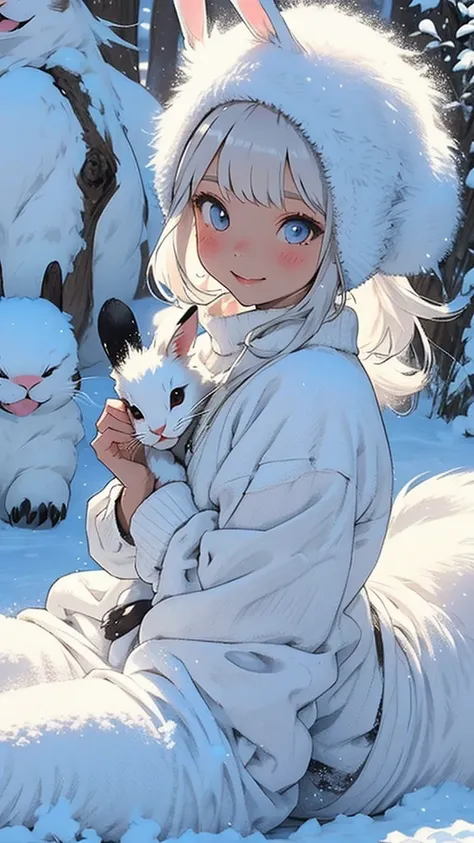 cute bunny, white, snow,