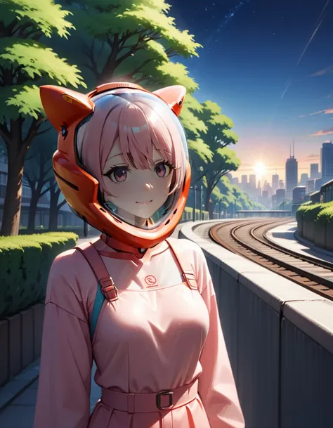 , space helmet ,girl s, 1girl,solo,smile,(short light pink hair:1.3),standing as a tram passes by in the background of a morning...