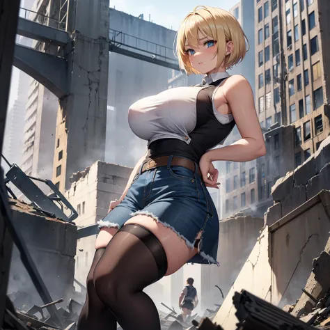 blonde short hair，Large Breasts，White vest，Black tights，，Denim skirt，ruined city，Damaged clothes and pants，