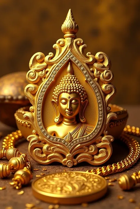 
Ornate golden amulet with intricate Burmese style engravings. Including Buddha image and gold necklace and gold bracelet. And gold coin. Much of jewelry 