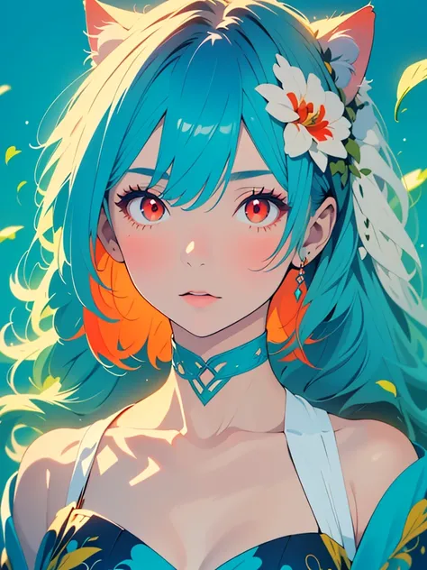 (Masterpiece, Best Quality, Top Quality, Official Art, Beautiful and Aesthetic: 1.2), Only 1 girl, Upper Body, Cat and Red Eyes, blue hair, Extreme Detail, Maximum Detail, Optical Mixing, Playful and colorful Pattern, Hundred Flowers, Paint flow, vibrant t...