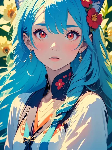 (Masterpiece, Best Quality, Top Quality, Official Art, Beautiful and Aesthetic: 1.2), Only 1 girl, Upper Body, Cat and Red Eyes, blue hair, Extreme Detail, Maximum Detail, Optical Mixing, Playful and colorful Pattern, Hundred Flowers, Paint flow, vibrant t...