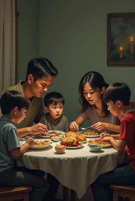 Create a family with three siblings, two boys and a girl, and the mom and dad eating listlessly to copy but in real life