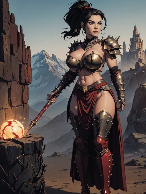 (masterpiece, top quality, best quality, official art, beautiful and aesthetic:1.2), (1girl:1.3), ((Sharp facial features, sharp features, hawkish features)), ((big hair, long black hair, ponytail)), big tiddy chaos warrior girl, extremely detailed, portra...