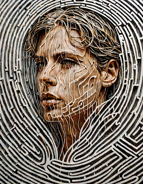 (Lost in thought:0.0) A complex maze of delicate lines, Layers of transparency, Represents a complex and tortuous journey of introspection, Hyper-realistic facial features