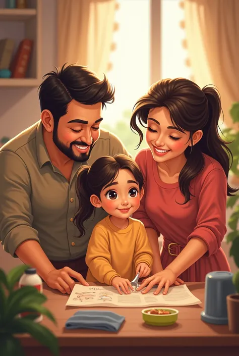 Happy Family

Prompt: "Ayesha’s family is depicted happily together, smiling and enjoying their time. Ayesha is shown proudly helping her parents with household tasks. The background features a tidy and well-kept home, illustrating the positive change brou...