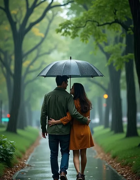 A realistic, 4K image of a couple walking through a city park on a rainy day. They are sharing an umbrella, huddled close together, with the rain gently falling around them. Their faces are lit by soft daylight filtered through the clouds, and theres a sen...