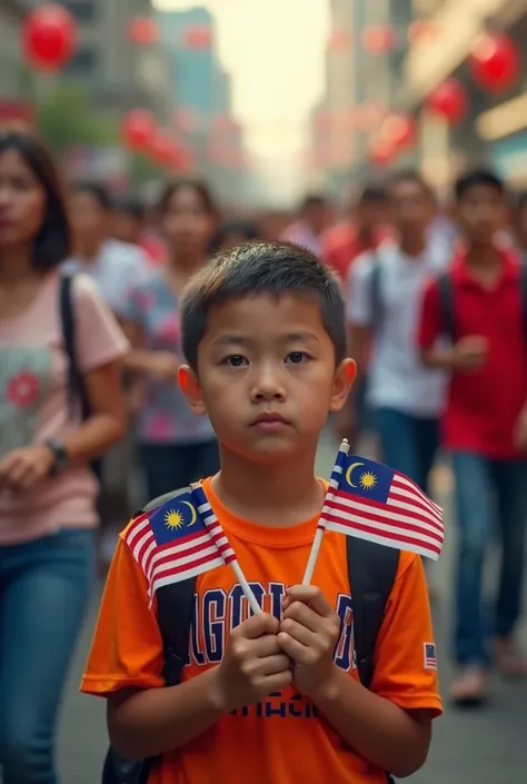 a young boy 5 year old holding miniature malaysia flags, tilf shift photography, all people running quickly, one person standing still in the center, detailed faces, highly detailed, 8k, photorealistic, vibrant colors, dramatic lighting, cinematic composit...