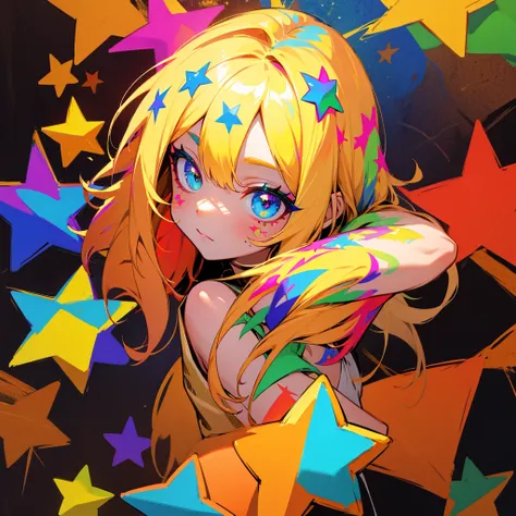 Colorful, colorful star tatoos on face, star eyes, Colorful eyes, Golden Hair, Wall stained in colorful paint background